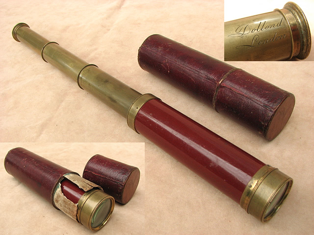 Late 18th century 3 draw marine pocket telescope with segmented draw tube, signed Dollond London. Inset shows case missing a piece of card sleeve.